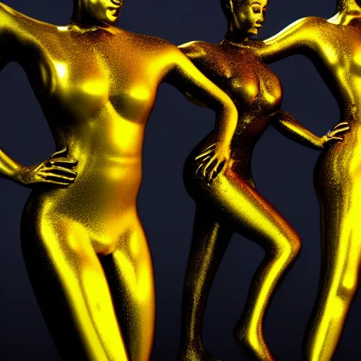 Prompt: 3 d fluid simulation render, octane render, xparticles, black latex and golden colors, female bodies, abstract sculpture
