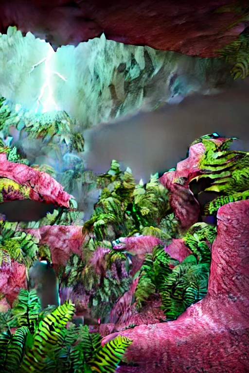 Prompt: inside of a massive cave with a hyper - realistic bright coloured natural flowers and ferns : 4, overlooking an endless plain : 2, pink lightning clouds : 4, highly symmetrical, balanced, octane render, in the style of sahm : 3 hd, 4 k, ultra - realistic, in unreal engine