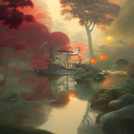 Prompt: misty japanese garden fantasycore , glossy painting, Art Nouveau Cosmic 4k Detailed Matte Illustration featured on Getty Images ,CGSociety, Jade and Carrot orange color scheme, Pastiche by Marc Simonetti, Pastiche by Cedric Peyravernay
