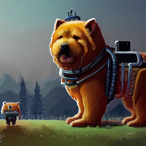 Image similar to a chow chow in a mech suit in the style of simon stalenhag