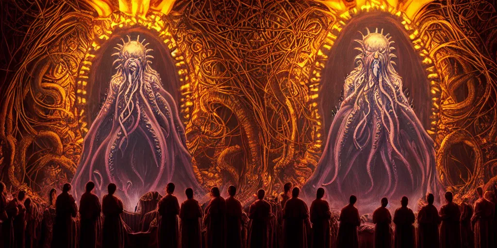 Image similar to portrait of circle group of priests invoking ritual in front of a giant cthulhu, intricate, glowing lights, highly detailed, sharp focus, wide - angle, atmospheric lighting, rich deep colors masterpiece, volumetric lighting, beautiful, rich deep colors masterpiece, sharp focus, ultra detailed by leesha hannigan, thierry doizon, kai carpenter