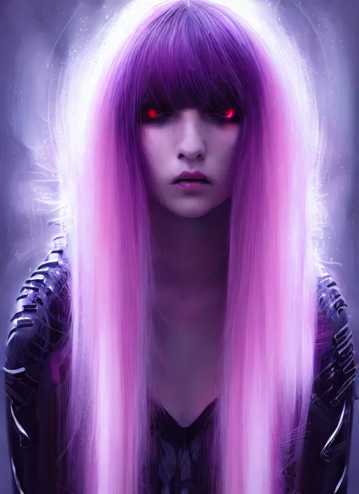 Image similar to hair whitebangs hair, black cyberlox, portrait of normal teenage girl with white bangs, messy bangs, cyberlox, whitebangs, red irises, purple clothes, intricate, elegant, glowing lights, highly detailed, digital painting, artstation, concept art, sharp focus, smooth, illustration, art by wlop, mars ravelo and greg rutkowski