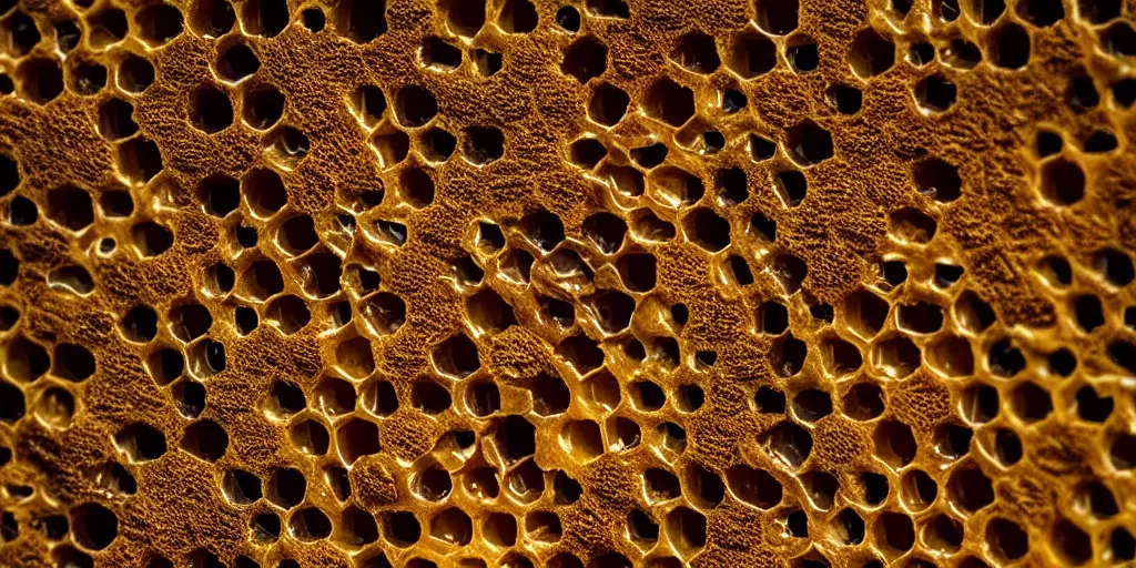 Image similar to real honeycomb organic building with dripping honey by tomas gabzdil libertiny sitting on the field, film still from the movie directed by denis villeneuve arrival movie aesthetic with art direction by zdzisław beksinski, telephoto lens, shallow depth of field