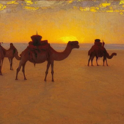 Prompt: camels at timbuktu, by henry ossawa tanner, at sunrise