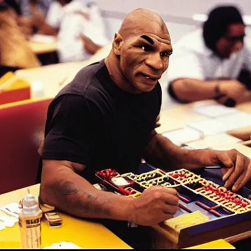 Image similar to Mike tyson sitting at a table in McDonald’s using an abacus to count