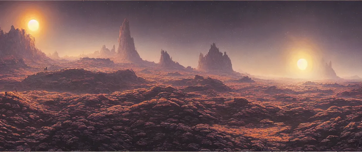 Image similar to detailed hyper realistic landscape of a harsh barren exoplanet with tall slender crystalline lifeforms, beautiful dramatic moody lighting, cinematic atmosphere, by Jean Giraud, Alex Grey, Zdzislaw Beksiński, Dan Mumford, Patiphan Sottiwilaiphong, Yintion J - Jiang Geping