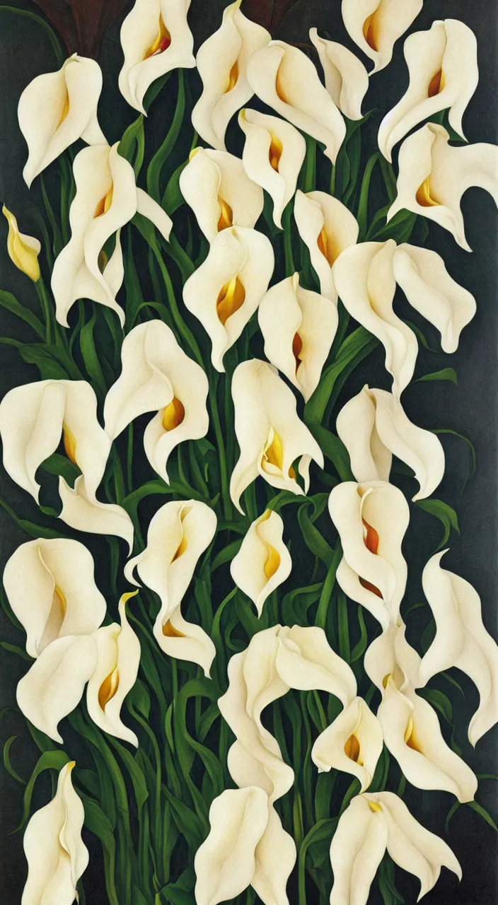 Image similar to portrait of a cream colored havanese dog with a bouquet of calla lillies, mexico, painting by diego rivera realism 1 9 3 5