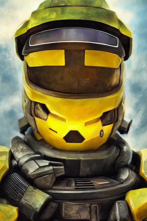 Image similar to pikachu as master chief, oil on canvas, intricate, portrait, 8 k highly professionally detailed, hdr, cgsociety