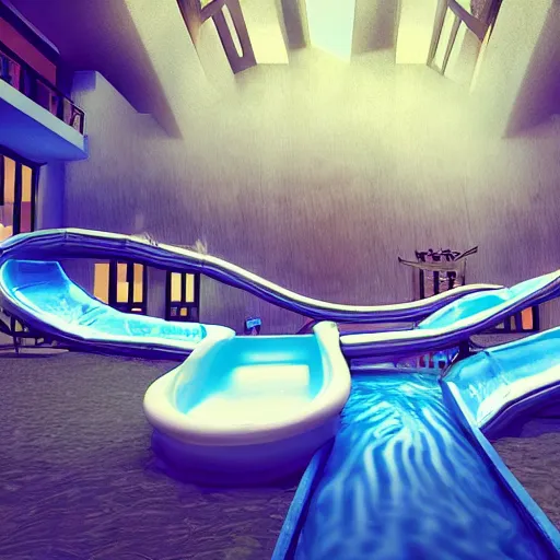 Image similar to waterslides in a house, digital art, cinematic lighting, epic composition, highly detailed