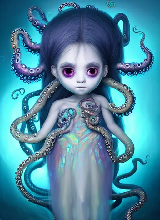 Image similar to A full shot of a cute magical monster Cryptid wearing a dress made of opals and tentacles. Chibi Proportions. Subsurface Scattering. Translucent Skin. Caustics. Prismatic light. defined facial features, symmetrical facial features. Opalescent surface. Soft Lighting. beautiful lighting. By Giger and Ruan Jia and Artgerm and WLOP and William-Adolphe Bouguereau and Loish and Lisa Frank. Sailor Moon. trending on artstation, featured on pixiv, award winning, sharp, details, intricate details, realistic, Hyper-detailed, HD, HDR, 4K, 8K.