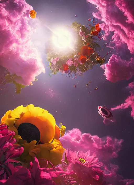 Image similar to An epic fantastic realism comic book style painting of the most beautiful flowers launched into space, bouquets, solar eclipse, fisheye, unreal 5, DAZ, hyperrealistic, octane render, dynamic lighting