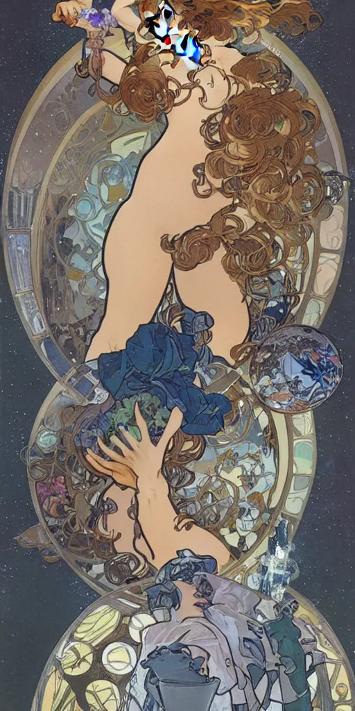Image similar to a woman wearing outer space as a dress, pouring water from a vase into the milky way, by joe madura, by alphonse mucha, battle chasers.
