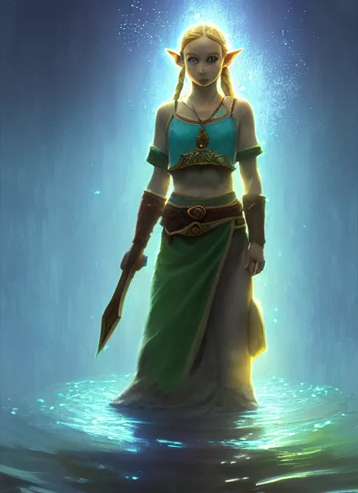 Prompt: portrait of zelda in a magical lake, half submerged in water, highly detailed, digital painting, artstation, night scene with moutains with glowing sprites, wlop concept art, smooth, sharp focus, illustration, art by dreadjim, craig mullins and greg rutkowski, 8 k