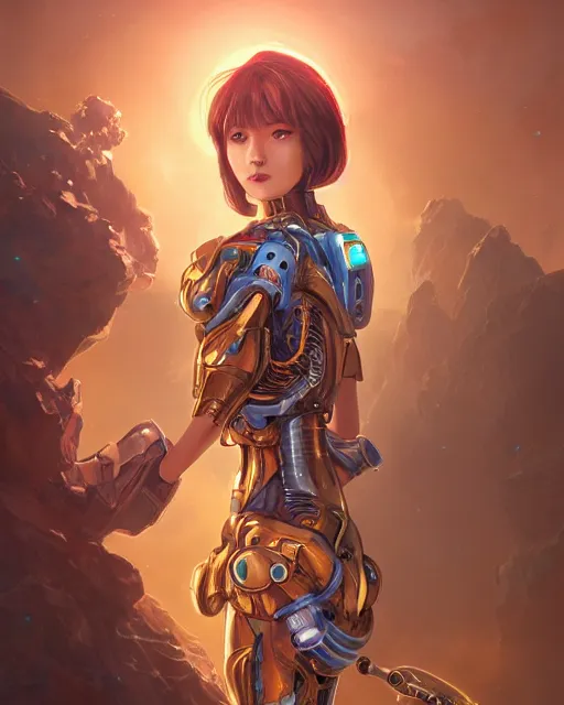 Image similar to holy cyborg girl with golden armor, elegant, scifi, jetpack, alien world, futuristic, utopia, garden, colorful, lee ji - eun, illustration, atmosphere, top lighting, blue eyes, focused, artstation, highly detailed, art by yuhong ding and chengwei pan and serafleur and ina wong