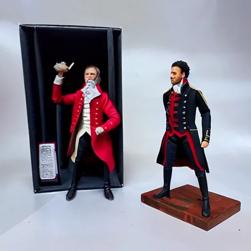 Prompt: action figure new in box from the broadway musical hamilton, studio lighting, ebay listing, product photography