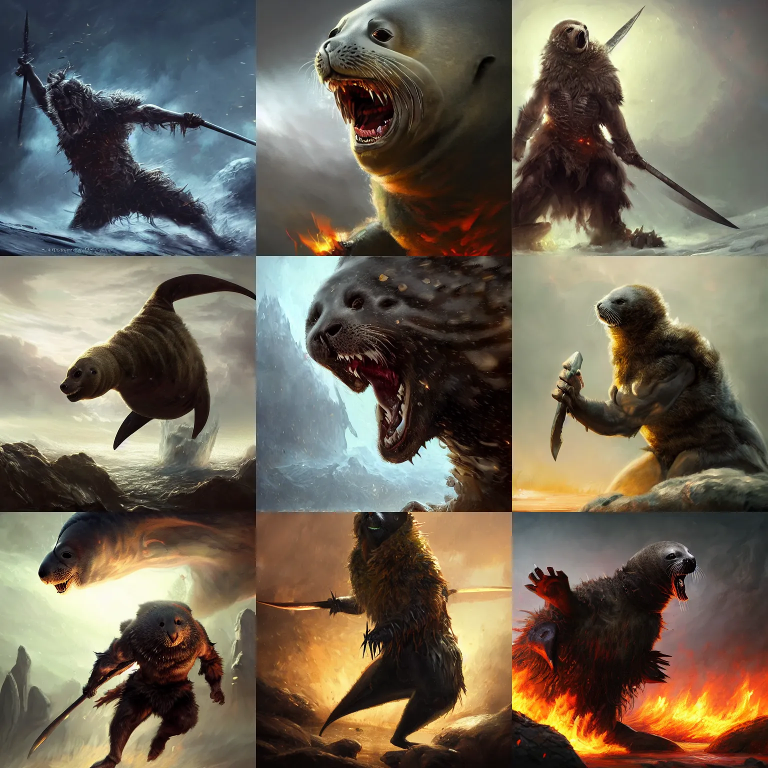 Prompt: oil painting of Angry Baby Seal Berserker, wearing fur armor, claws, sharp focus, attack pose, fantasy style, octane render, volumetric lighting, 8k high definition, by greg rutkowski, highly detailed, trending on art Station, magic the gathering artwork, burning Battlefield background, centered