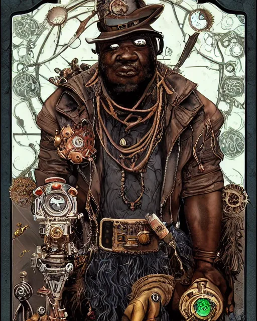 Image similar to a detailed portrait illustration of a steampunk witch - doctor. rugged black male face. fat, muscular. art nouveau, pop art, comic book style. influenced by neil gaiman, h. p. lovecraft, dan mumford, boris vallejo, vadim voitekhovitch, killian eng, ross tran.