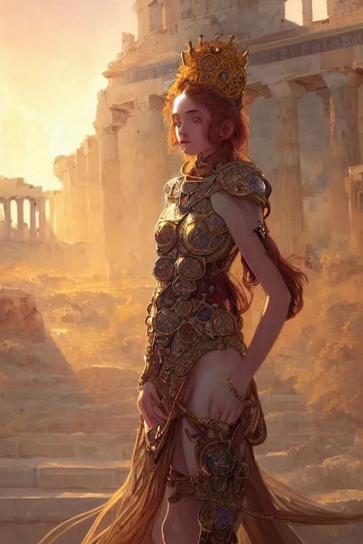 Prompt: portrait young knights of Zodiac girl, rose golden and mirror armor, in ruined Agora of Athens Sunrise, ssci-fi and fantasy, intricate and very beautiful and elegant, highly detailed, digital painting, artstation, concept art, smooth and sharp focus, illustration, art by tian zi and WLOP and alphonse mucha