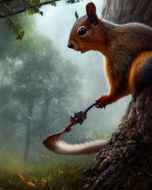 Prompt: oil painting of Anthropomorphized Squirrel attacking, wearing armor, wearing war paint, sharp focus, fantasy style, octane render, volumetric lighting, 8k high definition, by greg rutkowski, highly detailed, trending on art Station, magic the gathering artwork, magical forest backround, centered