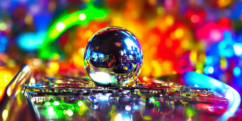 Image similar to ”close-up of a chrome pinball ball coming out of a ramp on high speed”, [neon glow, colorful, blur, bloom, zoomed, photography, bokeh]”