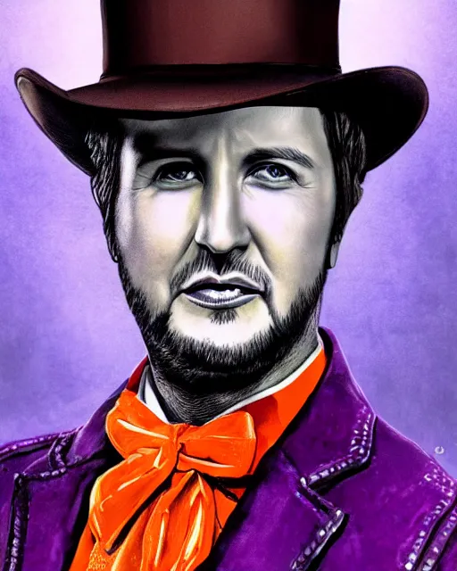 Prompt: Luke Bryan as Willy Wonka, digital illustration portrait design, detailed, gorgeous lighting, dynamic portrait