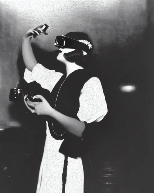 Image similar to 1 9 2 0 s photo of a flapper girl wearing a vr headset on a stage in a speakeasy