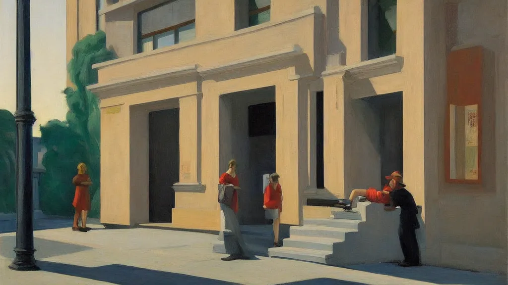 Image similar to Street art. paralyzed by the indescribable beauty of the cosmos. facade of the entrance to the art gallery exhibition. art style by Edward Hopper daring, incredible