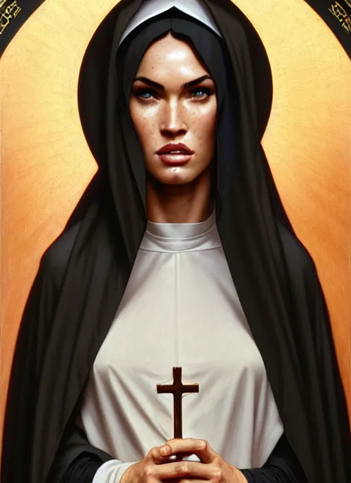 Image similar to portrait of megan fox as a sultry nun, catholic, church, bible, christian, intricate, headshot, highly detailed, digital painting, artstation, concept art, sharp focus, cinematic lighting, illustration, art by artgerm and greg rutkowski, alphonse mucha, cgsociety