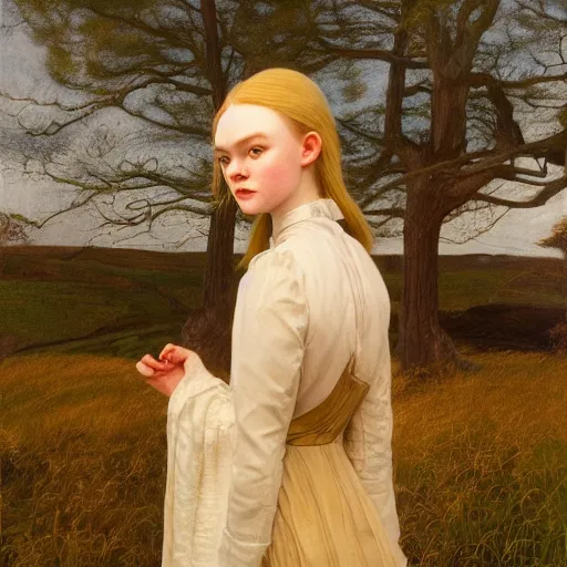 Image similar to Elle Fanning as an Android, head and shoulders, oil on canvas, golden hour, in the world of Andrew Wyeth, artstation, by J. C. Leyendecker and Peter Paul Rubens,