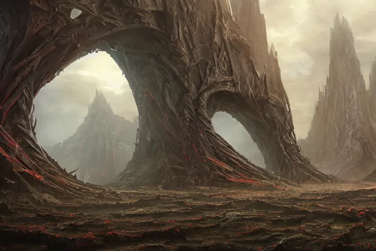 Prompt: the primordial Aztec brutalist flayed chaos fantasy landscape by Jessica Rossier and HR Giger
