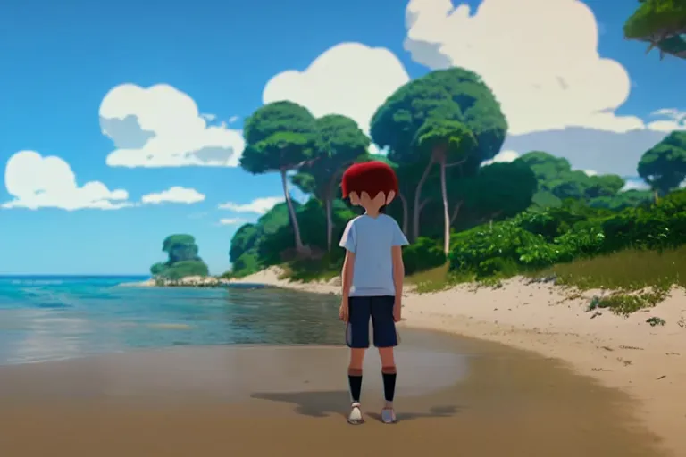 Image similar to game trailer of a semi realistic first person studio ghibli, pixar and disney animation, sharp, shooter game trailer on a shining beach, beach landscape, rendered in unreal engine 5, cinematic lighting, ray tracing, unreal engine 5, photorealistic