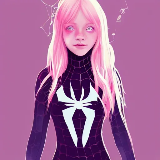 Image similar to girl portrait, Spider-woman gwen stacy, head and shoulders, matte print, pastel pink, digital art, cute freckles, digital painting, fan art, elegant, pixiv, by Ilya Kuvshinov, daily deviation, IAMAG