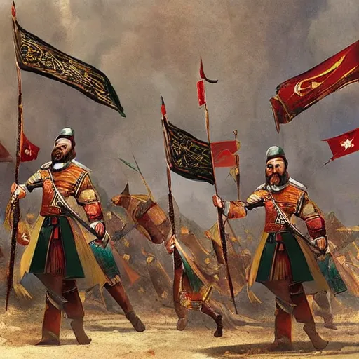 Prompt: “Ottoman warriors rising up again by awarded, concept art, epic, ultimate, fully detailed, octane rendered, historical, cinematic vision, perfect light, 8K Resolution HD, High quality image”