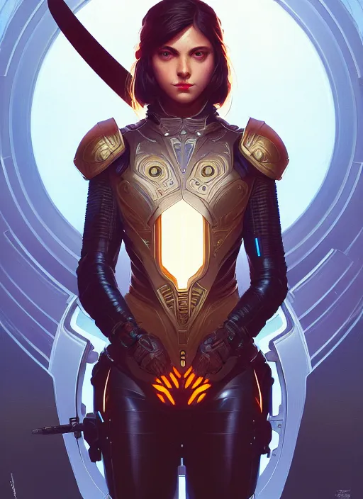 Image similar to symmetry!! portrait of a female character with a sword and armor, sci - fi, tech wear, glowing lights!! intricate, elegant, highly detailed, digital painting, artstation, concept art, smooth, sharp focus, illustration, art by artgerm and greg rutkowski and alphonse mucha