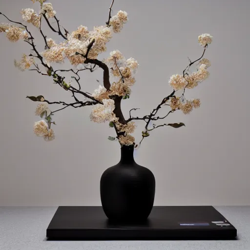 Image similar to a photo of 8k Ikebana in flower vase, wide angle, sony a7r3, ultra detail, photorealistic, in simple background