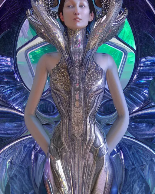 Image similar to a highly detailed metahuman 4 k close up render of an alien goddess bella hadid monument in iris van herpen armor schiaparelli in diamonds crystals swarovski and jewelry iridescent in style of alphonse mucha gustav klimt trending on artstation made in unreal engine 4