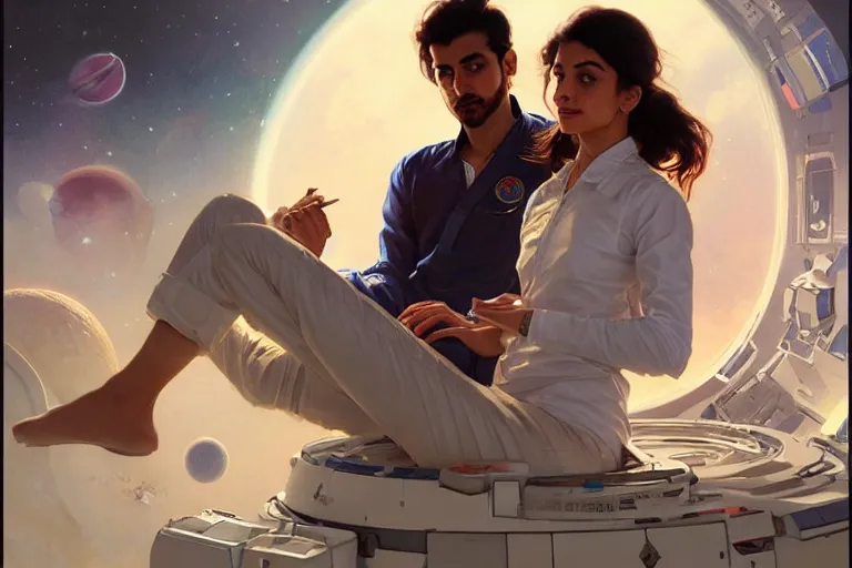 Image similar to Pensive good looking pale young Indian doctors wearing jeans in a space station above Earth, portrait, elegant, intricate, digital painting, artstation, concept art, smooth, sharp focus, illustration, art by artgerm and greg rutkowski and alphonse mucha