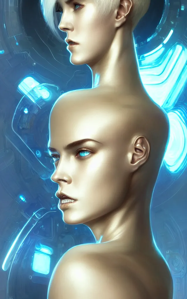 Image similar to futuristic woman android portrait, sci-fi female, striking azure eyes, face, short platinum hair tomboy, cyberpunk femme fatale, intricate, elegant lady with alabaster skin, highly detailed gold filigree, digital painting, artstation, concept art, smooth, sharp focus, illustration, studio photo by artgerm and greg rutkowski and alphonse mucha:3, overexposed, dark, gray, monochrome:-2