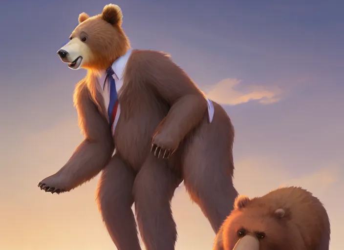 Image similar to character portrait feature of the anthro male anthropomorphic kamchatka brown bear fursona wearing airline pilot outfit uniform professional pilot character design stylized by charlie bowater, ross tran, artgerm, and makoto shinkai, detailed, soft lighting, rendered in octane