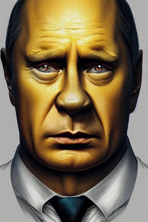 Image similar to vladimir putin as a yellow funny stupid homer simpson, realistic portrait, symmetrical, highly detailed, digital painting, artstation, concept art, smooth, sharp focus, illustration, cinematic lighting, art by artgerm and greg rutkowski and alphonse mucha