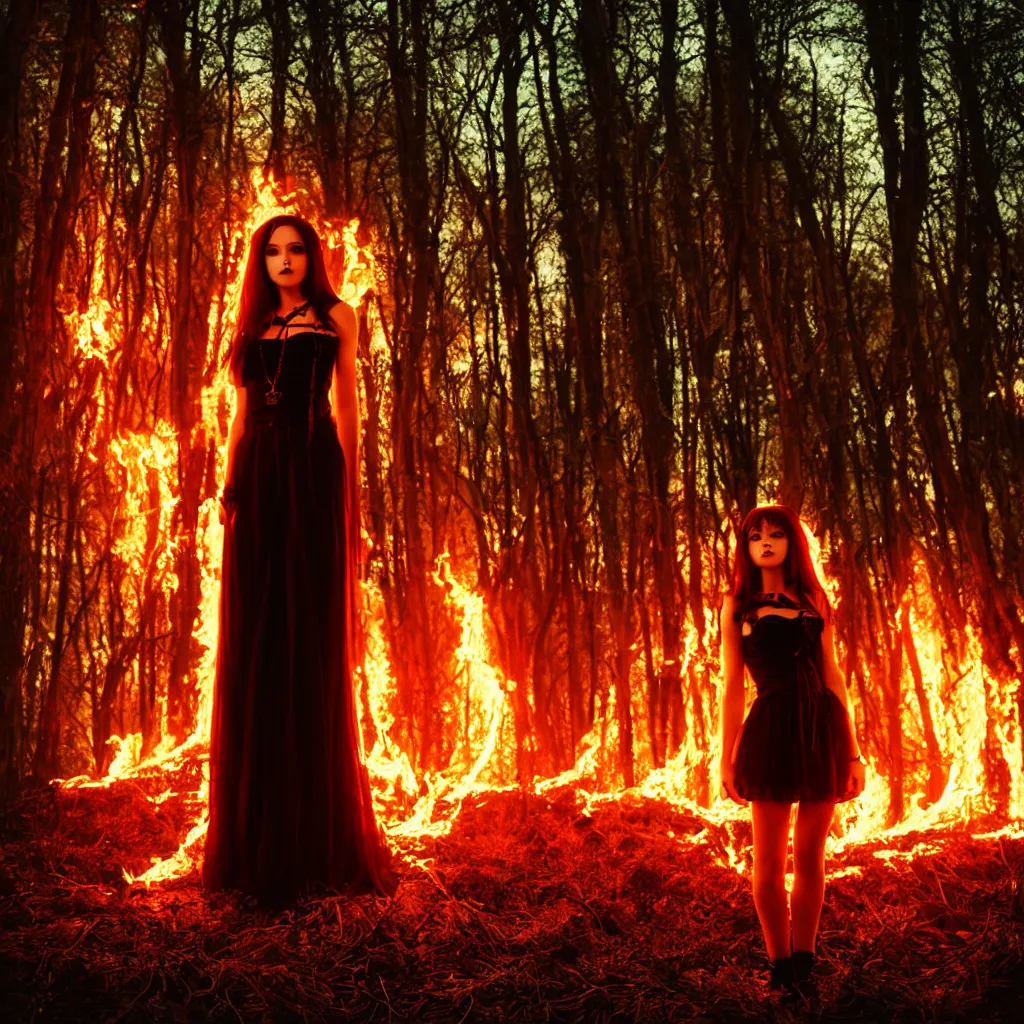 Image similar to a beautiful vampire girl is standing in the forest at night on fire