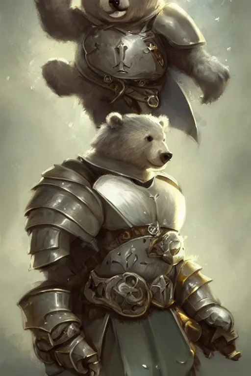 Image similar to cute little anthropomorphic bear knight wearing a cape and a crown, tiny, small, miniature bear, baby animal, short, pale blue armor, cute and adorable, pretty, beautiful, DnD character art portrait, matte fantasy painting, DeviantArt Artstation, by Jason Felix by Steve Argyle by Tyler Jacobson by Peter Mohrbacher, cinematic lighting