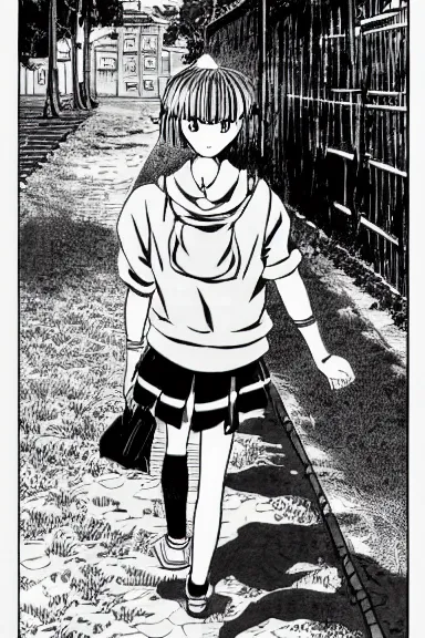 Prompt: adult girl short hair is walking to school, black and white artwork in manga style, made by toriyama akira, intricate, comic page