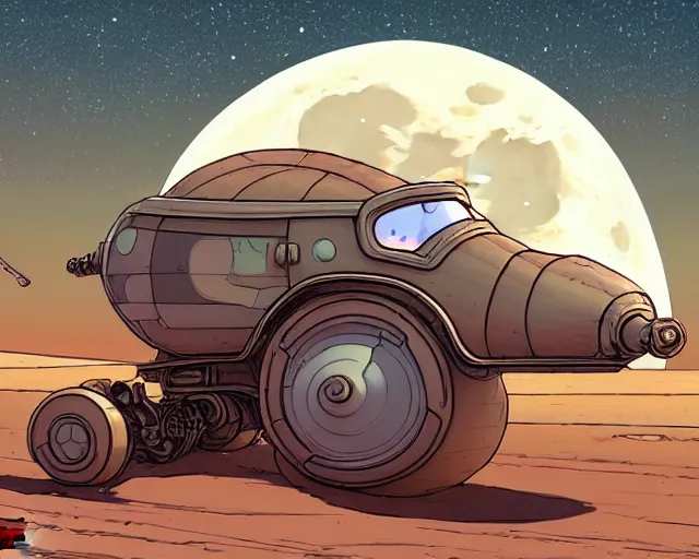 Prompt: a study of cell shaded cartoon of a mechanized snail on a desert road, in front of a big moon illustration, wide shot, muted colors, post grunge, concept art by josan gonzales and wlop, david rubin, mike mignola, laurie greasley, highly detailed, sharp focus, trending on artstation, hq, deviantart, art by artgem