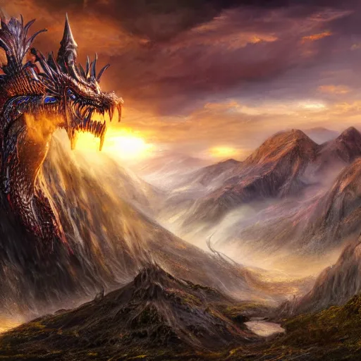 Image similar to steampunk ent dragon from lord of the rings, high detail, realistic, pastel, complex, dark, magical natural mountainous background with setting sun, smoke in sky