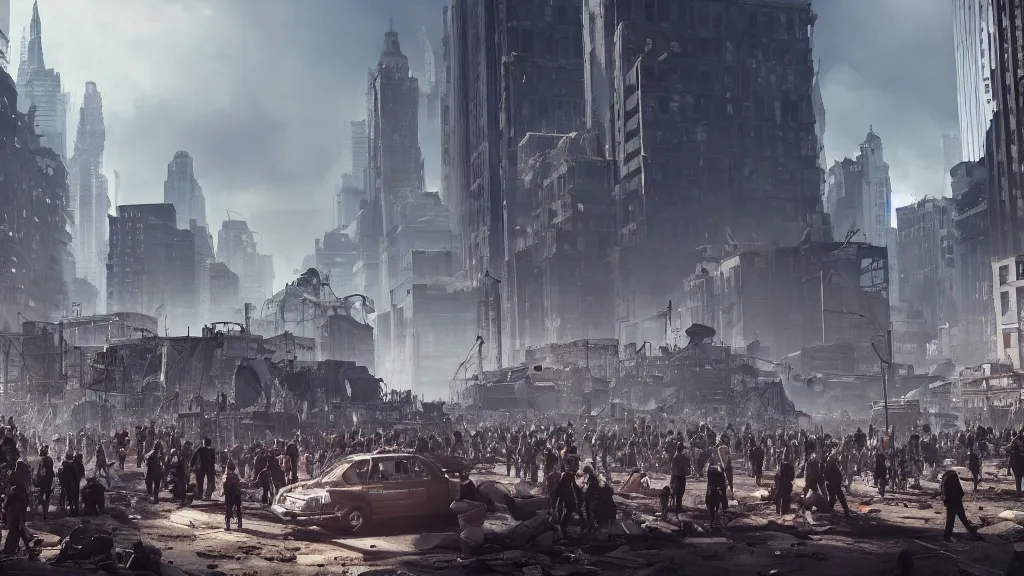 Prompt: low angle shot of a horde of people in a post-apocalyptic New York City, rich contrast, spaceships flying in background, hyperrealistic, Cryengine 8k UHD