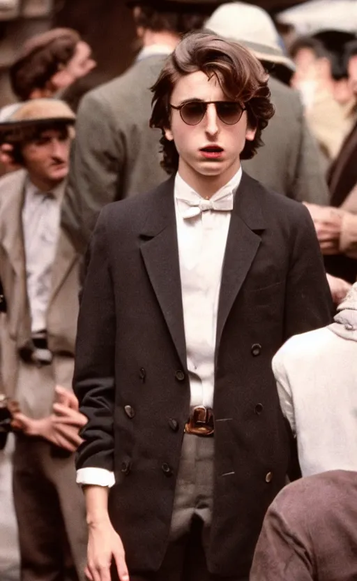 Prompt: timothy chalamet, leica s, 5 0 mm lens, kodachrome, 1 9 6 9, on the set of the godfather, shot by bruce gilden