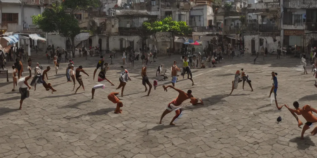 Prompt: people playing capoeira in Salvador Bahia, by Greg Rutkowski, 4k, volumetric lighting, HD, high details, dramatic, trending on artstation