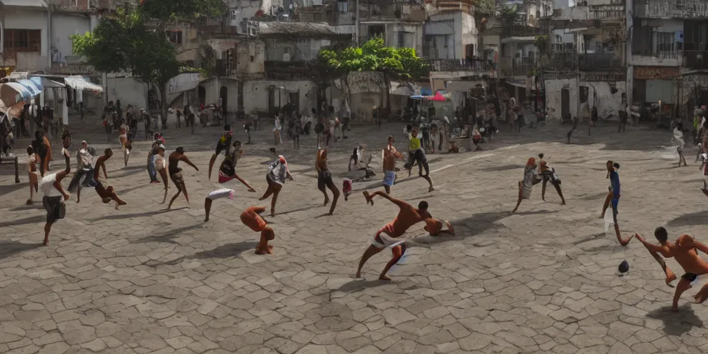 Image similar to people playing capoeira in Salvador Bahia, by Greg Rutkowski, 4k, volumetric lighting, HD, high details, dramatic, trending on artstation