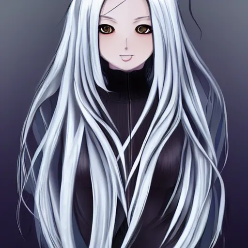 Image similar to young woman with long wavy light silver hair, with blackness instead of eyes, anime